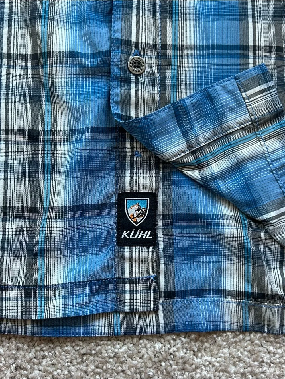 KUHL Eluxur Performance Shirt Mens Medium Blue Plaid Snap Button Hiking Gorpcore - Picture 7 of 9